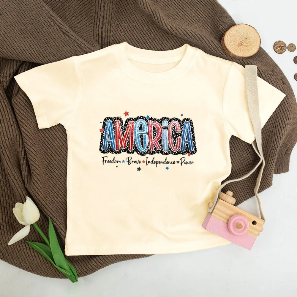 American Print Kids Tshirt Independence Day Child Comfortable Top Boys Girls American Printed Short Sleeved Apricot T-shirts