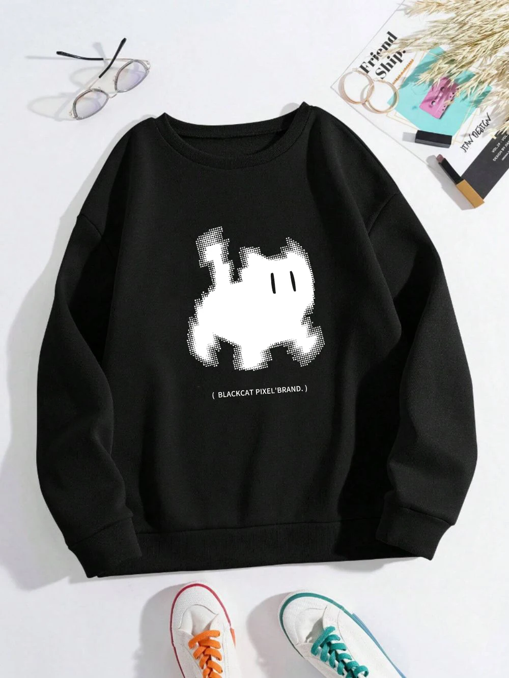 Casual Womens Hoodie Black Cat Pixel Cartoons Printing Sweatshirt Loose Warm Fleece Pullover Autumn Winter Female Streetwear