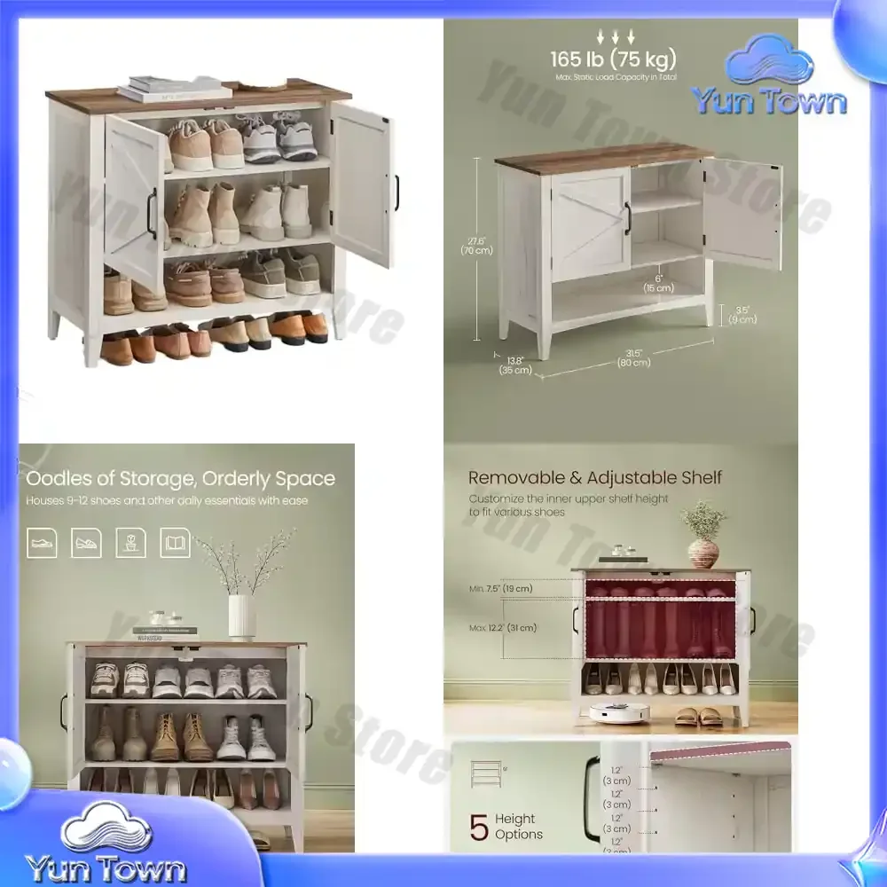 Three-story modern farmhouse Freestanding shoe cabinet 27.6 inches height adjustable rustic white entrance channel