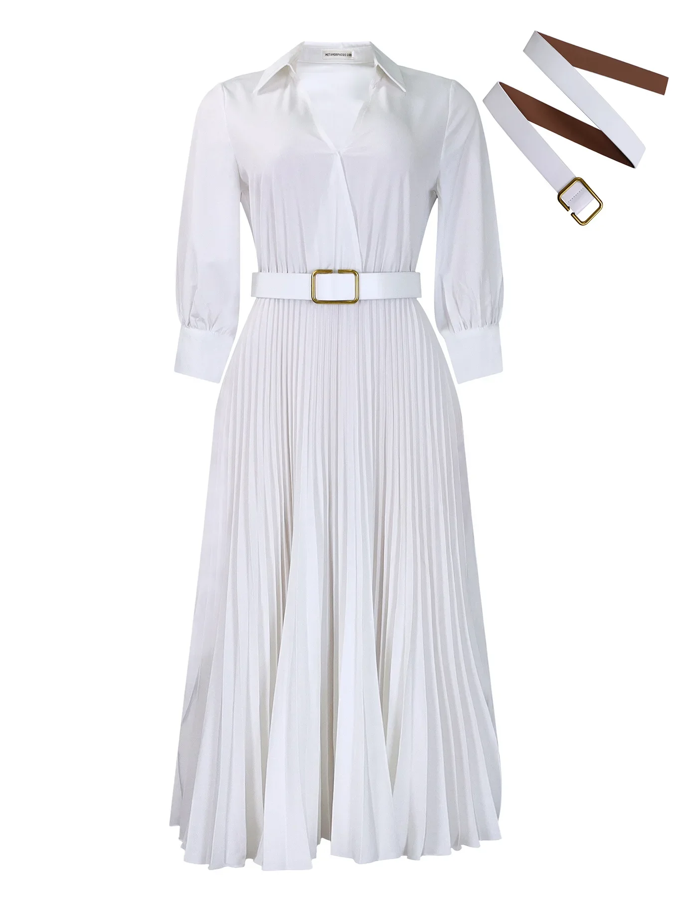Witte Geplooide Jurk Vrouwen V-Hals Full Mouw Jurken Riem Slanke Hoge Taille Casual Party Elegant Een Lijn Lange Vestidos 2024 De Lente