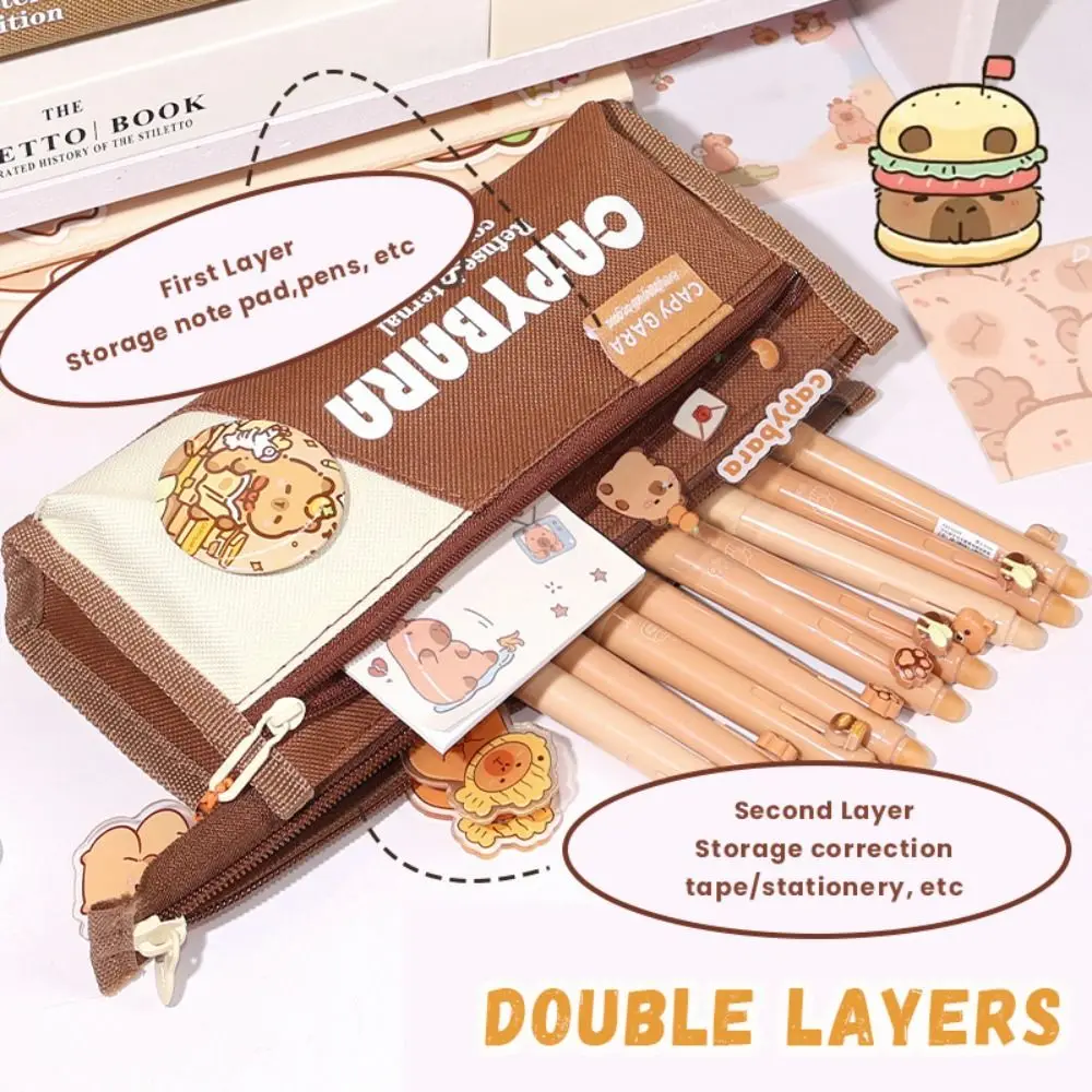 高品質キャンバスペンバッグ多層大容量鉛筆ケースカピバラ文具オーガナイザー学生