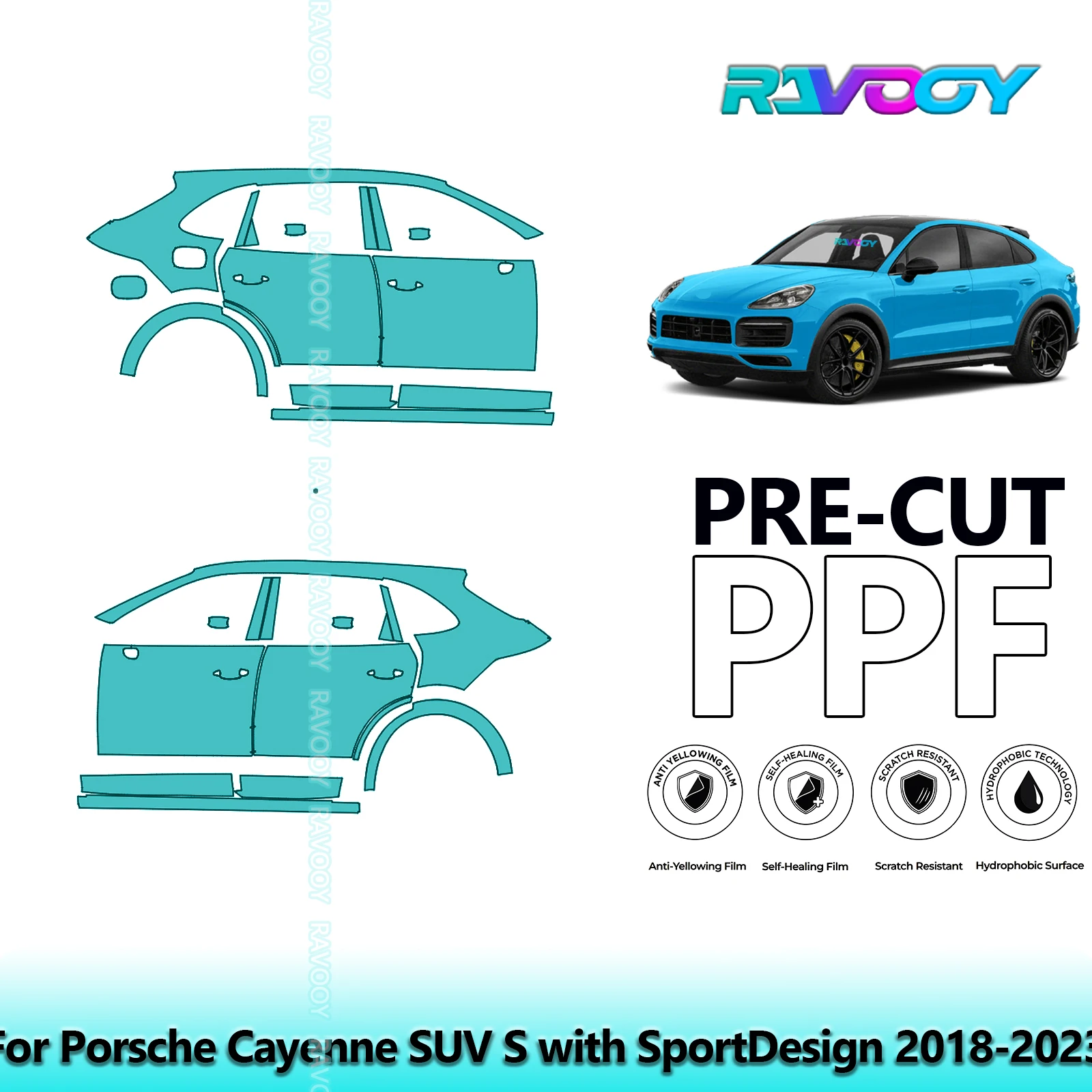 

For Porsche Cayenne SUV S with SportDesign 2018-2023 8.5mil Pre-Cut PPF Door & A/B Pillar Kit TPU Paint Protection Film Set