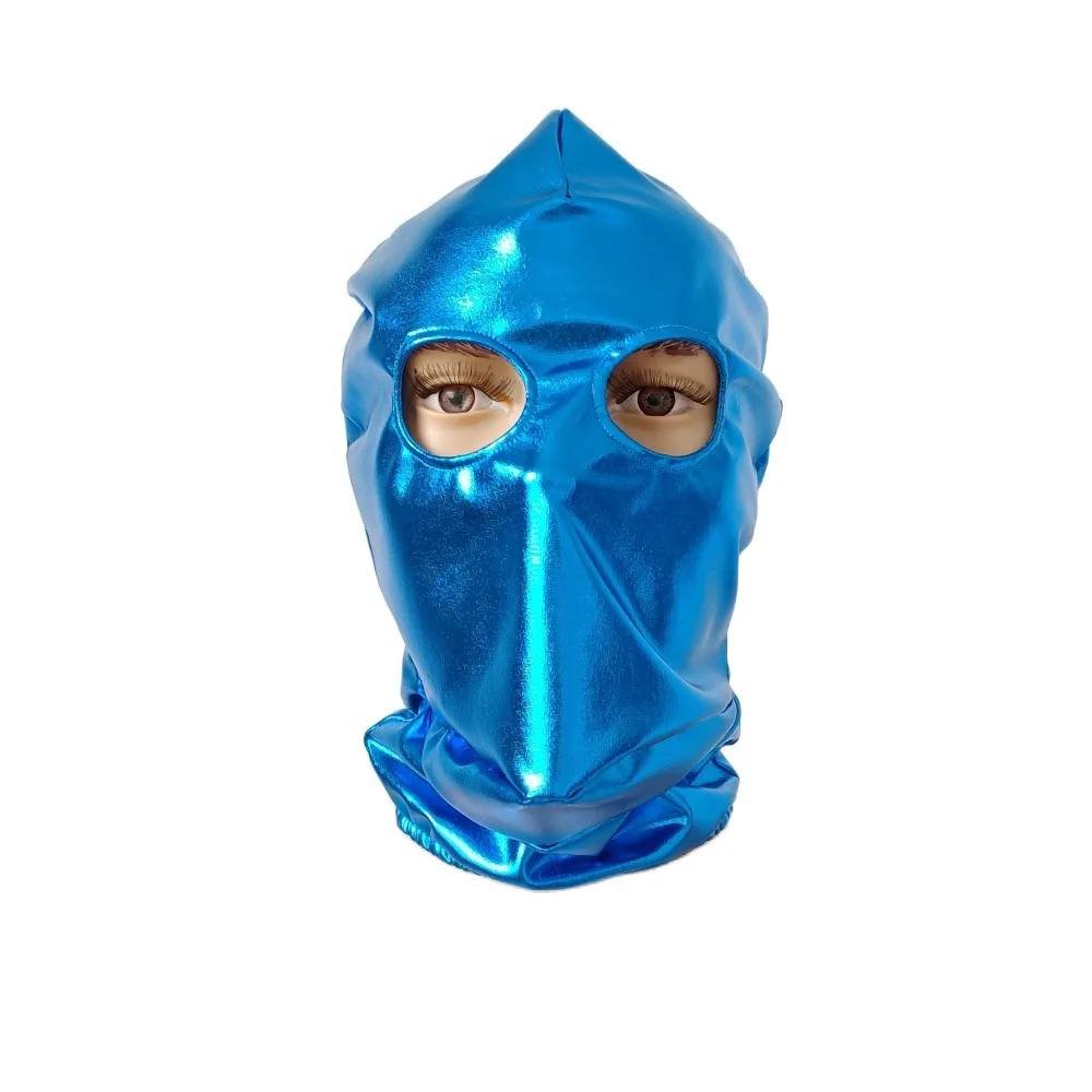 Costumes Zentai unisexes pour adultes, capuche bleu lac, accessoires de fête, olympiques de cosplay d'Halloween, masque métallique brillant, yeux ouverts