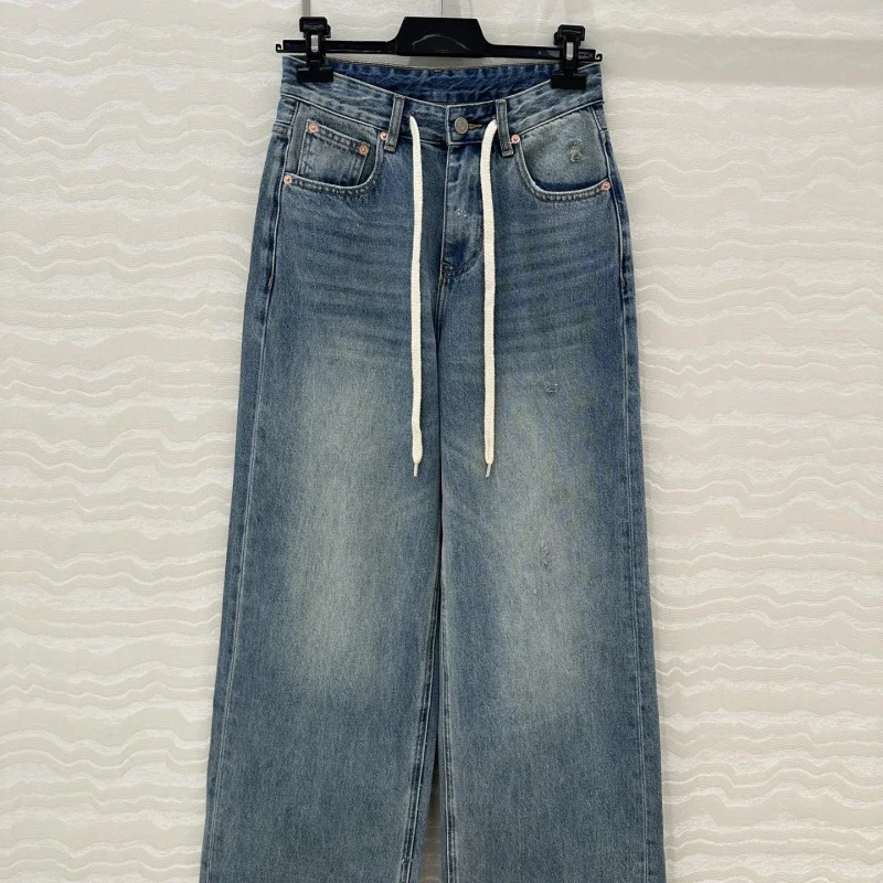 

2025 Women's fashion loose drawstring straight jeans
