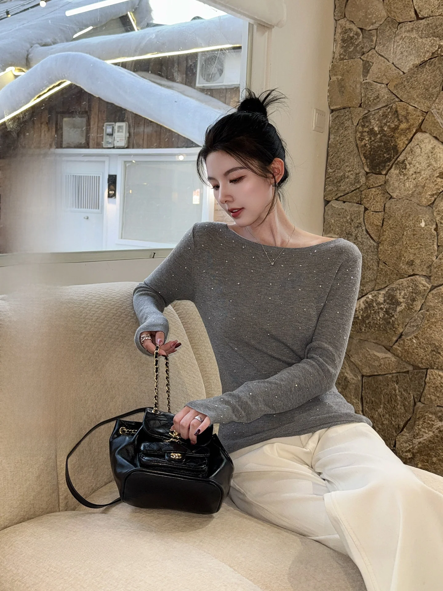 

Top Bot Knitted Base Layer Long Sve Women's Casual Wear Polyester Fiber Starry Rhinestone Two-Piece Thermal irt