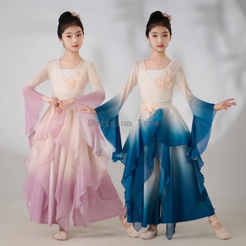 2024 children's classical dance costume flowing new gradient gauze long dress traditional chinese dance practice hanfu dress set