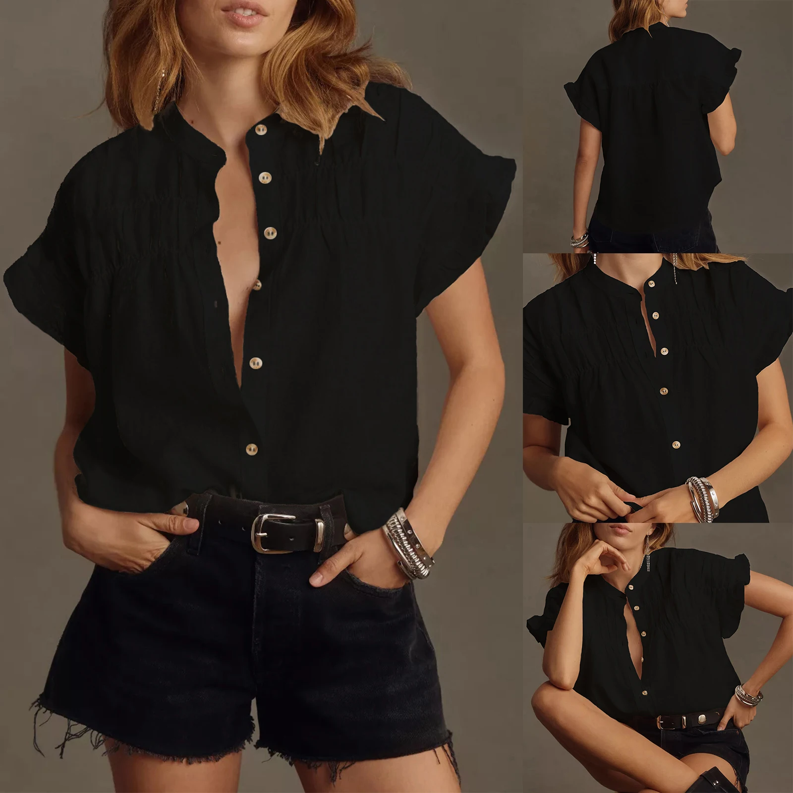 

Women's Aesthetic Summer Cotton Linen Shirt Solid Color Ruffled Short Sleeve Mock Neck Button Loose Blouse