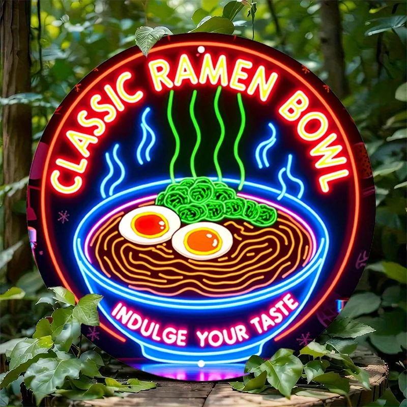 Letrero de neón redondo de aluminio, arte de pared de cuenco de Ramen japonés rústico, diseño vibrante de "cuenco de Ramen clásico" y "Indule tu gusto", 1 ud.