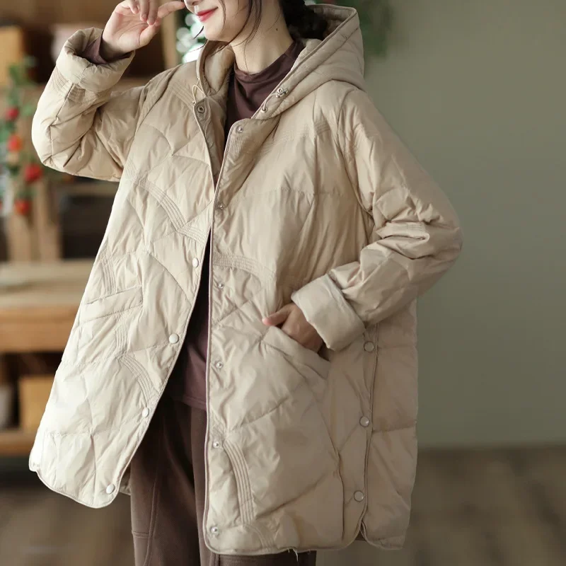 2024 women's medium and long down jacket, winter new hooded, literary and retro down jacket