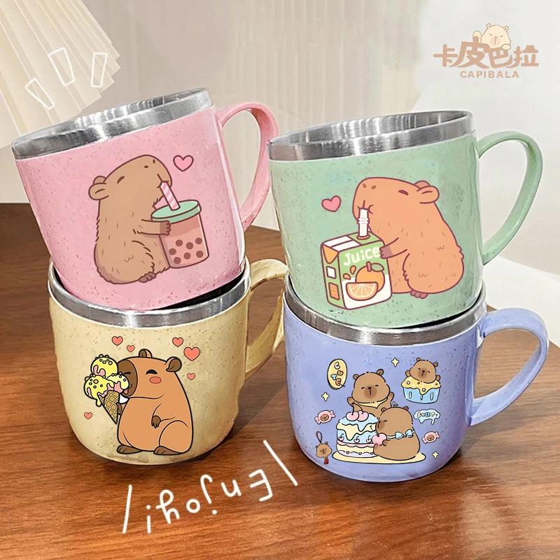 Capybara Home Stainless Steel Child Water Cups Cartoon Anime Printed Mouthwash Cup Toothbrush Cup Breakfast Milk Mug Kids Gifts