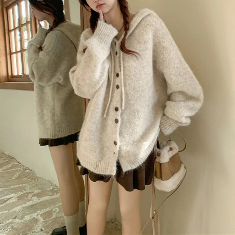 Gaganight Women Korean Chic Celebrity Versatile Knitted Cardigan 2024 Autumn Winter New Loose Lazy Style Solid Color Hoodie Coat