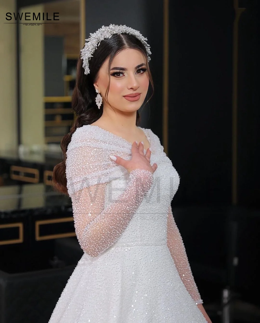 SWEMILE 2025 luxury Beadings Evening Dresses A-Line V-Neck Prom Dresses Long Sleeves Wedding Dresses robes invitée mariage dubai image 4