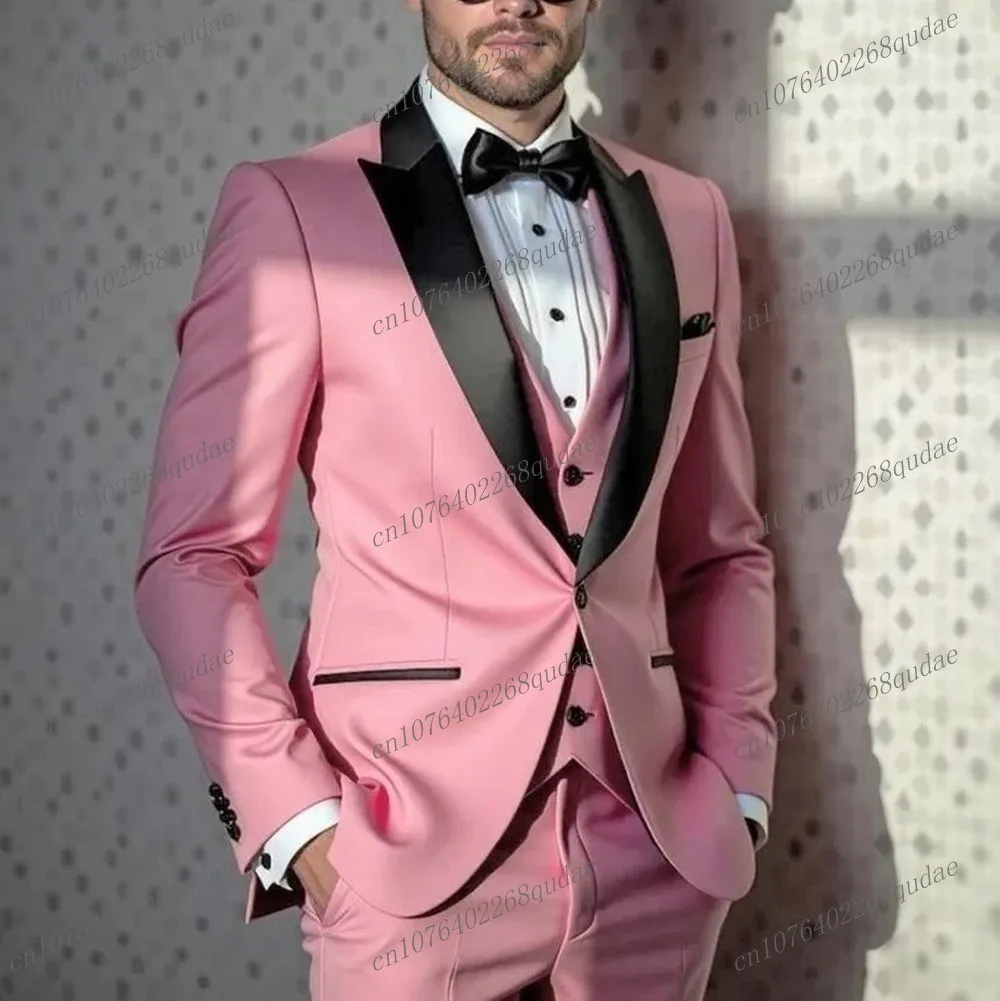 Black Collar Pink Men Suit Wedding Party Groom Groomsman Male Tuxedos Bridegroom Costume 3 Piece Set Blazer Vest Pants