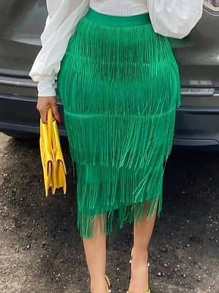 

Green Fringe Bodycon Pencil Skirts Tassel High Waist Women Stretch Sheath Midi Length Ladies Slim Jupe Saias faldas