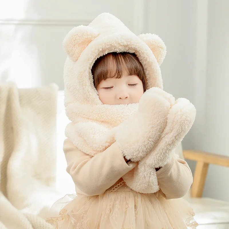 

Children One-Piece Scarf Gloves Cap Cute Bear Plush Hat Cartoon Kids Hood Beanie 1-7Year Boys Girls Winter Warm Headgear Bonnet
