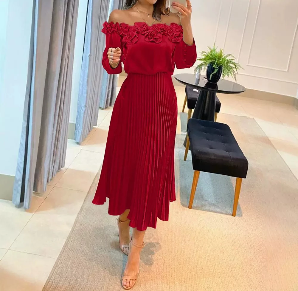 

Elegant Women's Dresses Summer 2024 Off Shoulder Frill Hem Pleated Midi Skirt High Waist Fashion Women Long Sleeve Casual Dress