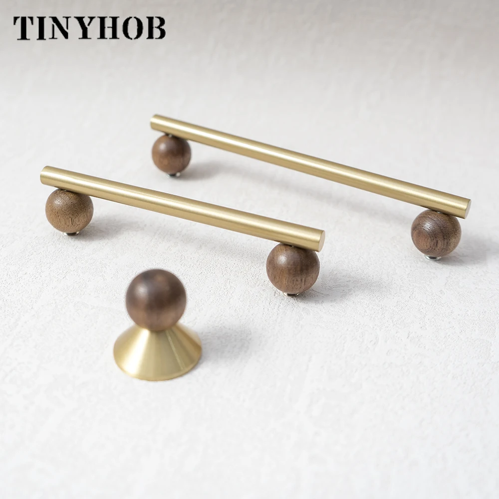 Tinyhob American Style Brass Walnut Furniture Handles and Knobs  for  Kitchen Home Drawers Vintage Handles for Wooden Furniture
