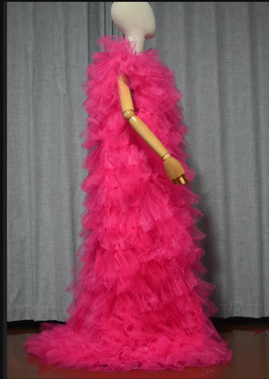 Glitter Ruffled Tulle Women Cape Tiered Prom Coat Evening Party Fashion Runway Wedding Bride Robes Cloak Custom Color