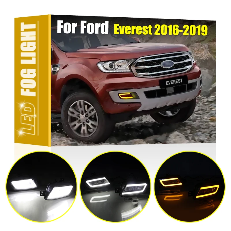 2Pcs White Front LED Fog Lamp Assembly With Amber Turn Signal White Daytime Running Light For Ford Everest 2016 2017 2018 2019