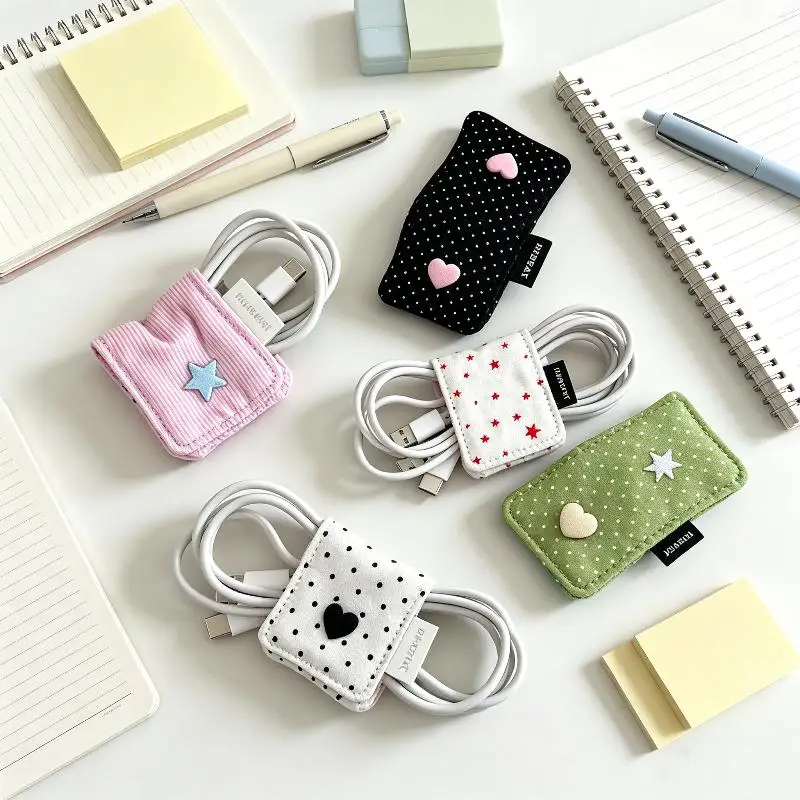 Earphone Decoration Accessories Handmade Fabric Cute Wave Dot Earphone Storage Bag Data Cable Organizer