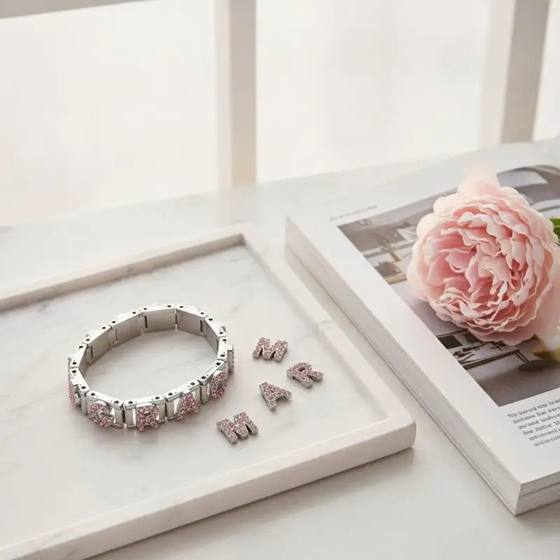 1pc Micro Inlaid Pink Zirconia Full Zircon 26 English Letters Italian Charm  Fit 9mm Stainless Steel Bracelet DIY Jewelrys