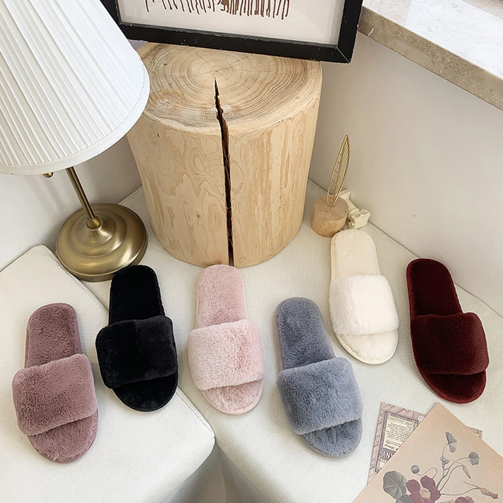 Fashion Plush Furry Women Slippers Winter Plush Fluffy Shallow Mouth Indoor Outdoor Flip-flop Casual Bedroom Slippers Flat Shoes