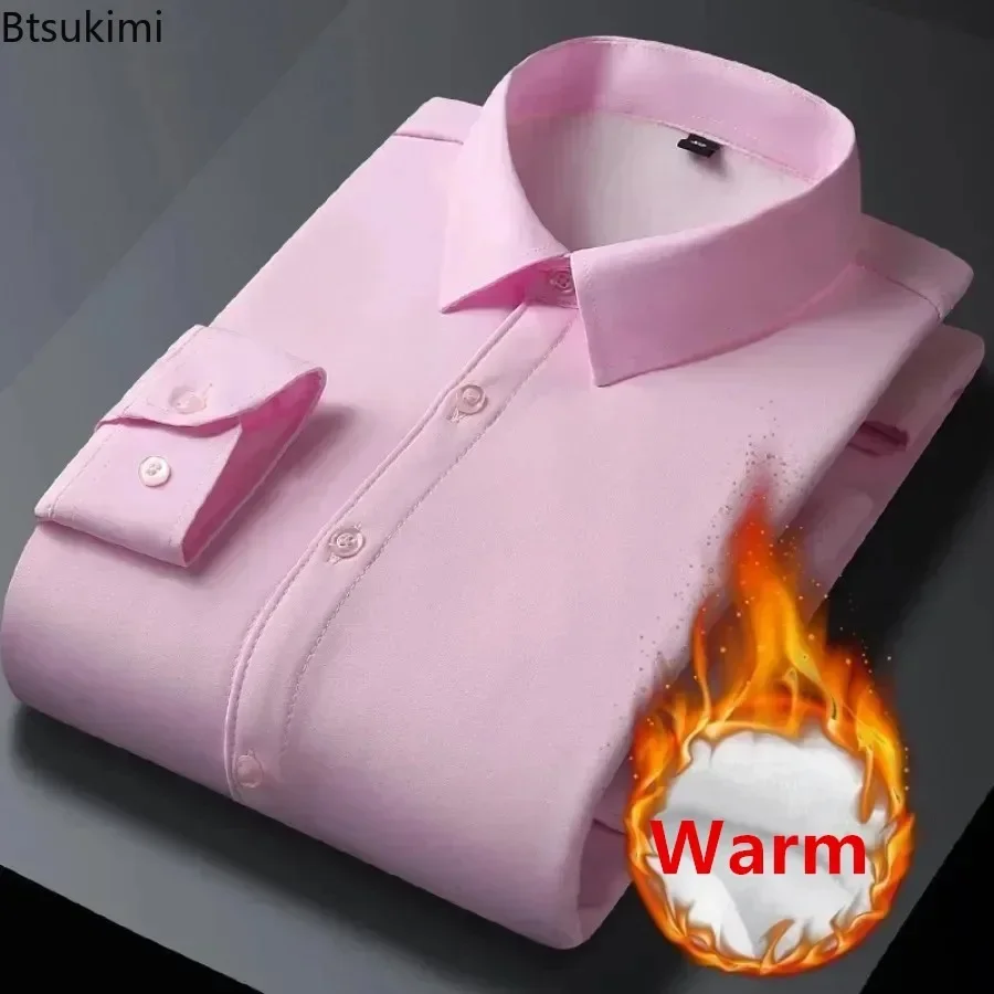 Oversized Autumn Winter Warm Shirt Men's Fashion Slim Thick Fleece Business Casual Dress Shirt High Quality All-match Shirt Male