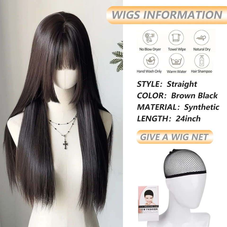 Brown Black Long Straight Synthetic Wig with Bangs Lolita Cosplay Hair Wigs For Women Natural Heat Resistant Daily Party Wig