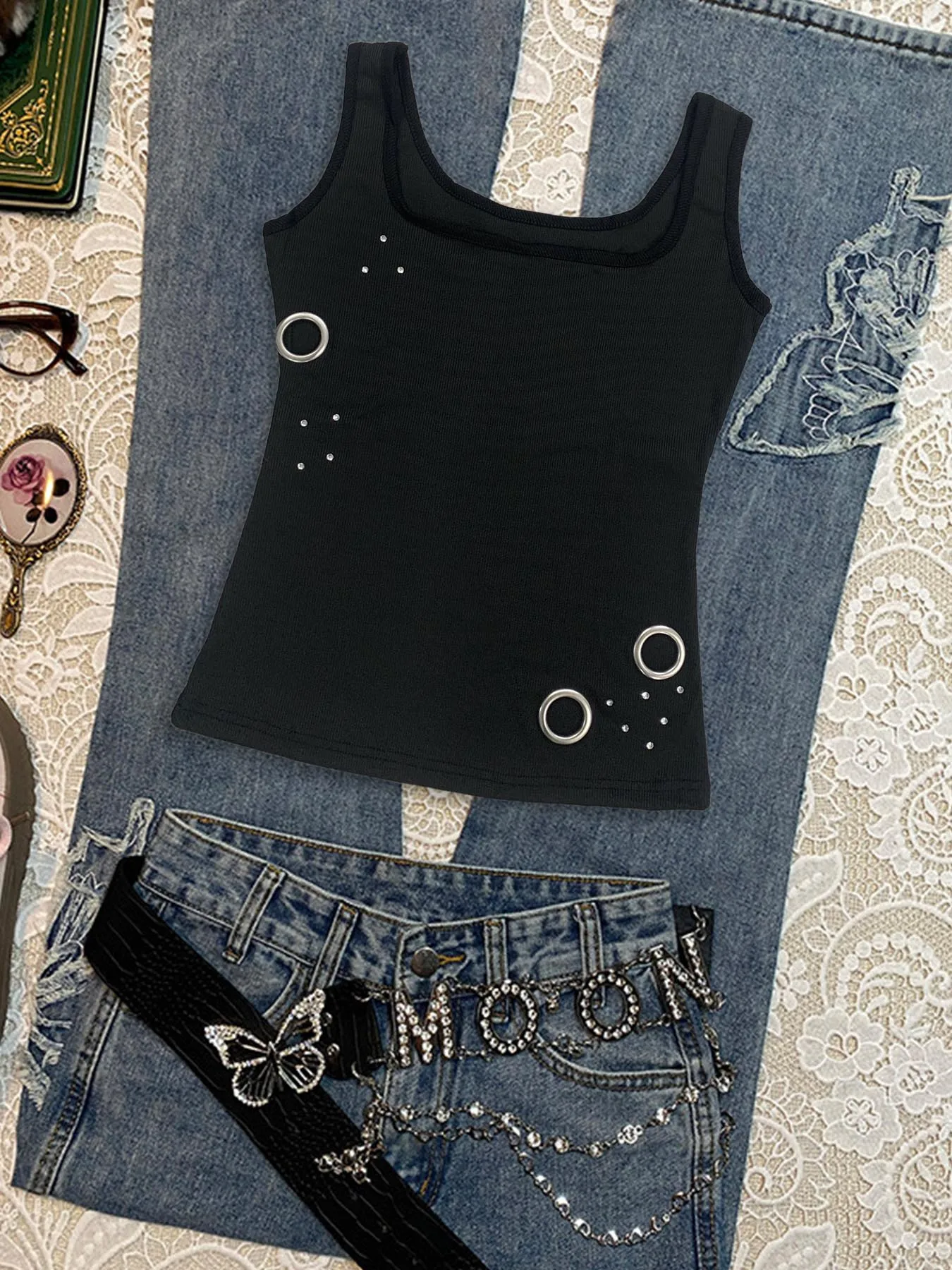 American Retro Dark Brown Ribbed Tank Top Silver Big O Ring Cutout Stud Fitted Crop Cami