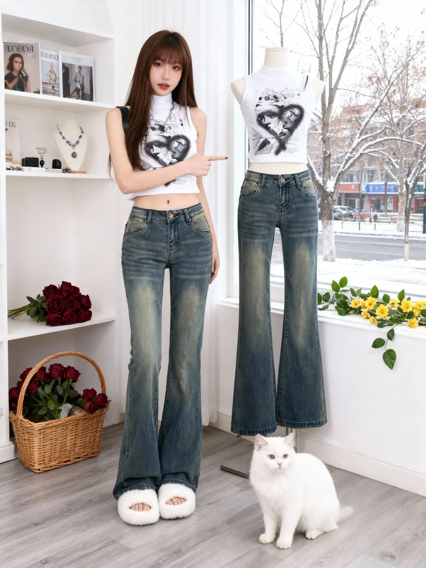 

Джинсы с микро-расклешенной подкладкой и высокой талией, женские осенне-зимние удобные эластичные широкие брюки больших размеров, повседневная одежда