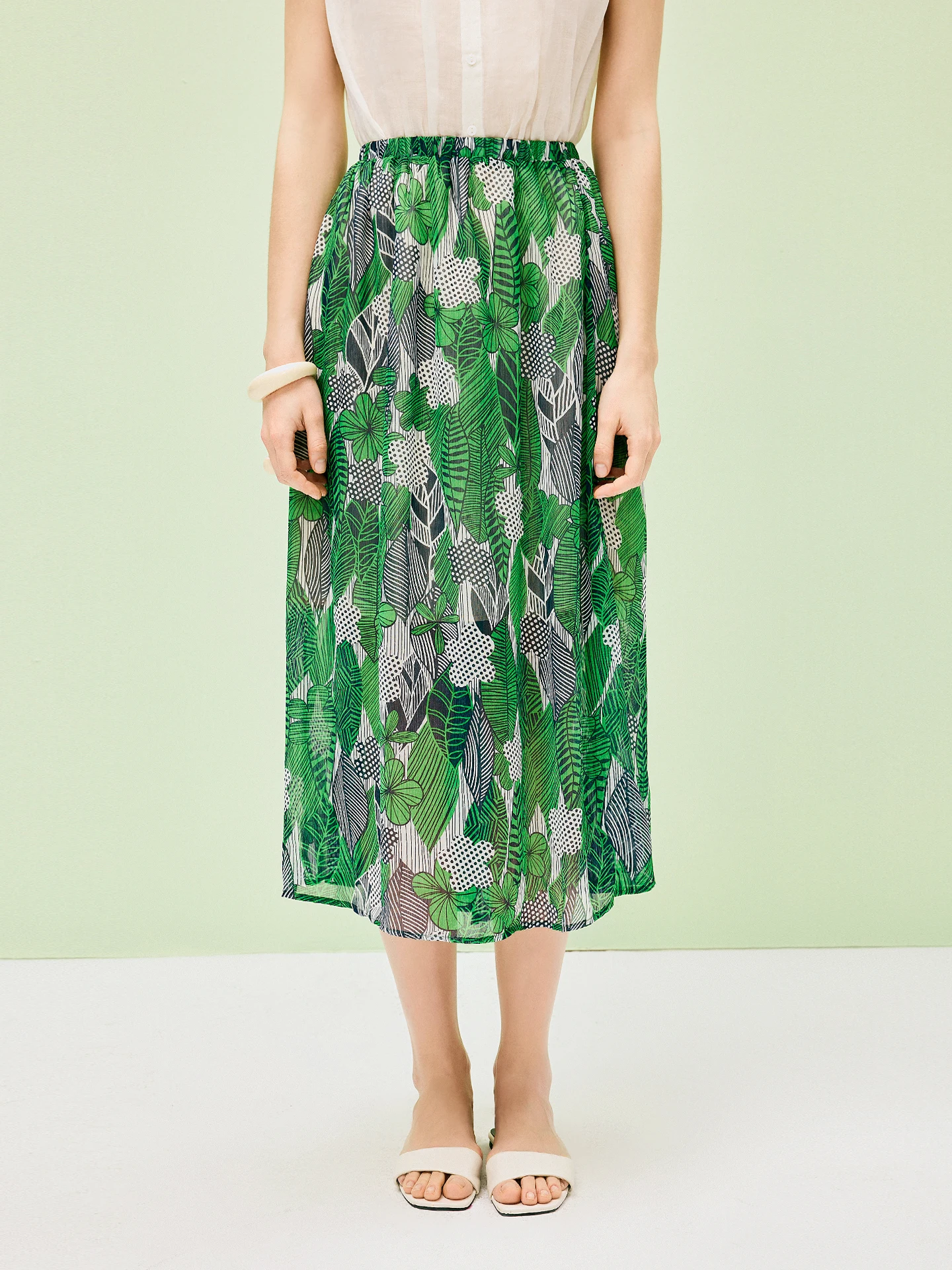 

Elegant Loose LPBC Printed Breathable Comfortable Green Tone A-Line Skirt Elastic Waist Midi Skirt for Women Polyester Fiber