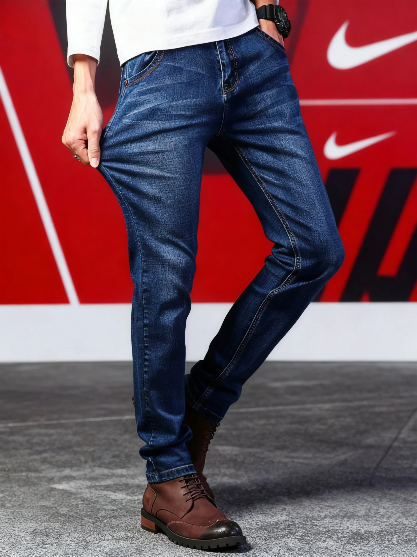 

Spring Men's Light Blue Slim Jeans Stylish Casual Stretch Fabric Denim Pants Classic Trousers