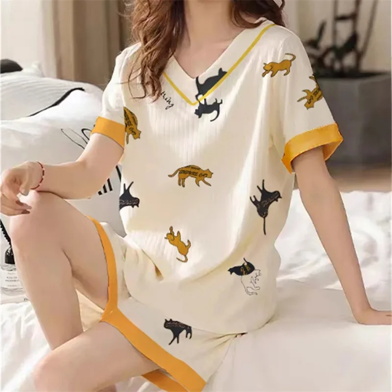 Summer Pajamas Women's Set  2023 New Thin Cotton Short Sleeve Pajama Set Ladies Summer Friend Home Suit Two Piece Set Lady