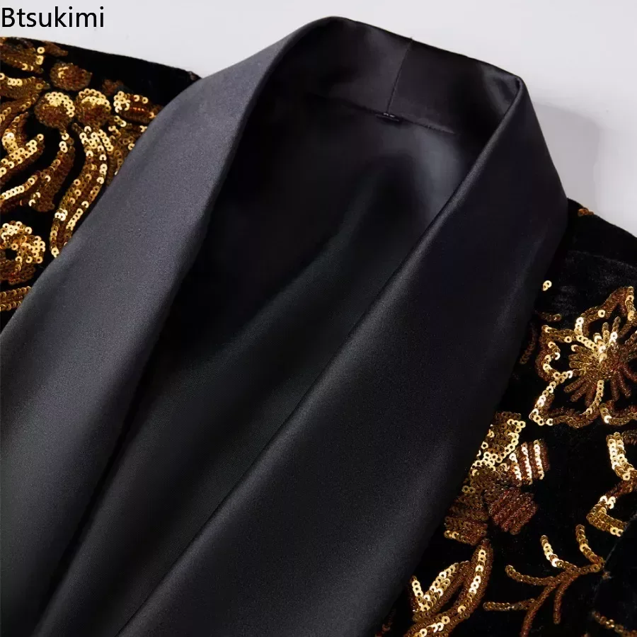 Blazer adornado con purpurina de lentejuelas doradas brillantes negras para hombres, trajes de fiesta de club nocturno, traje de cantante de