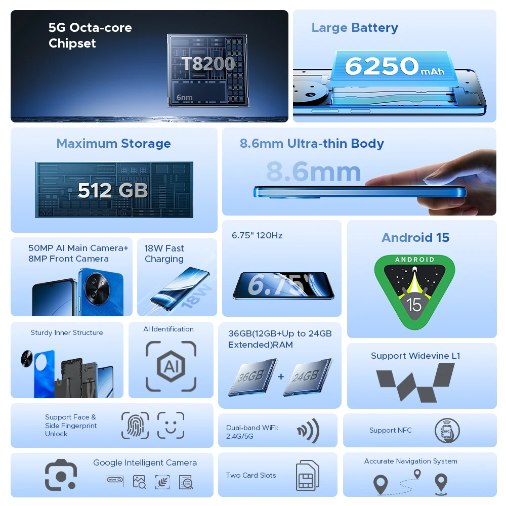 DOOGEE Note59 Pro + 5G الهاتف الذكي أندرويد 15 12GB 512GB 6.75 بوصة شاشة 50MP AI كاميرا 6250mAh بطارية هاتف محمول الإصدار العالمي
