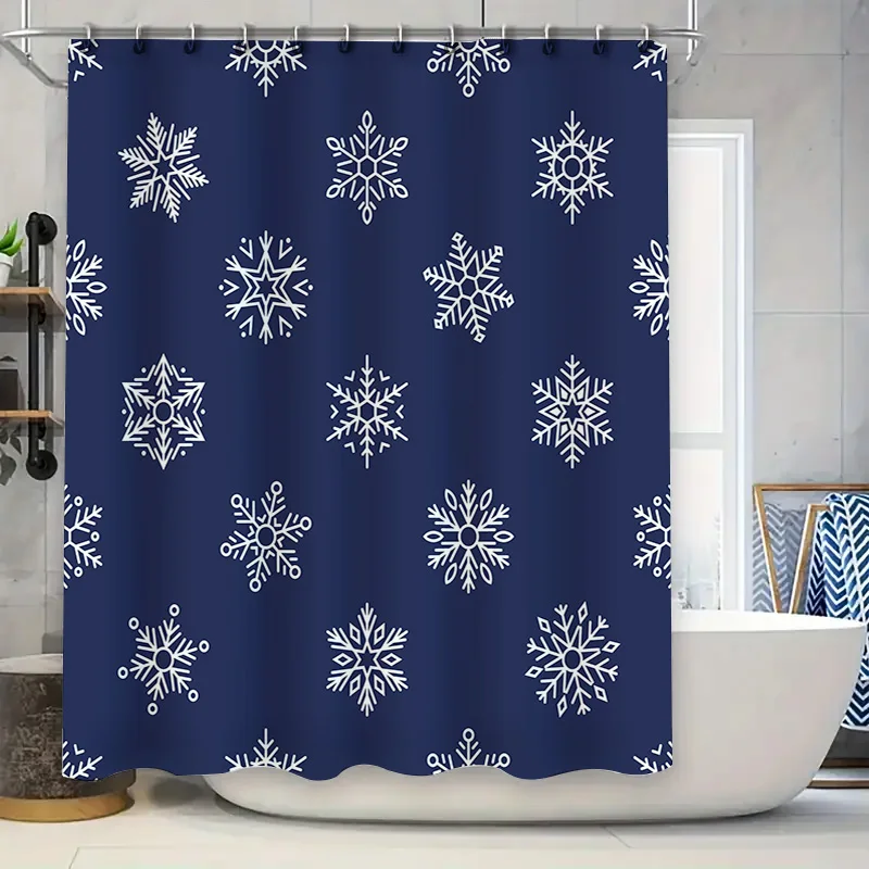 

Snowflake Print Shower Curtain Navy Blue Bathroom Decor Waterproof Washable Polyester Fabric for Home Decoration 180x200cm (Whit