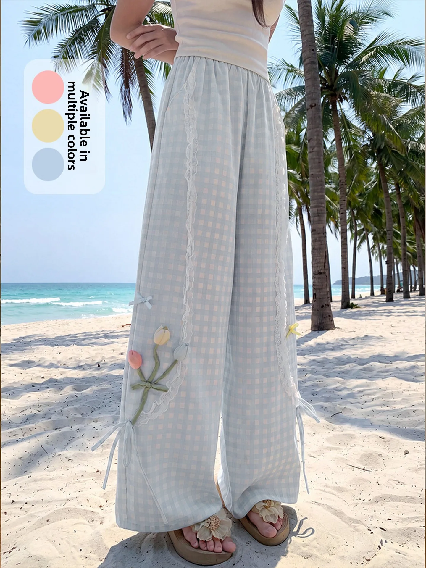 

Summer 2026 Women's Casual Pants High Waist Straight Leg Design Lace Trim Wide Leg Trousers Floral Print School Sweet S...