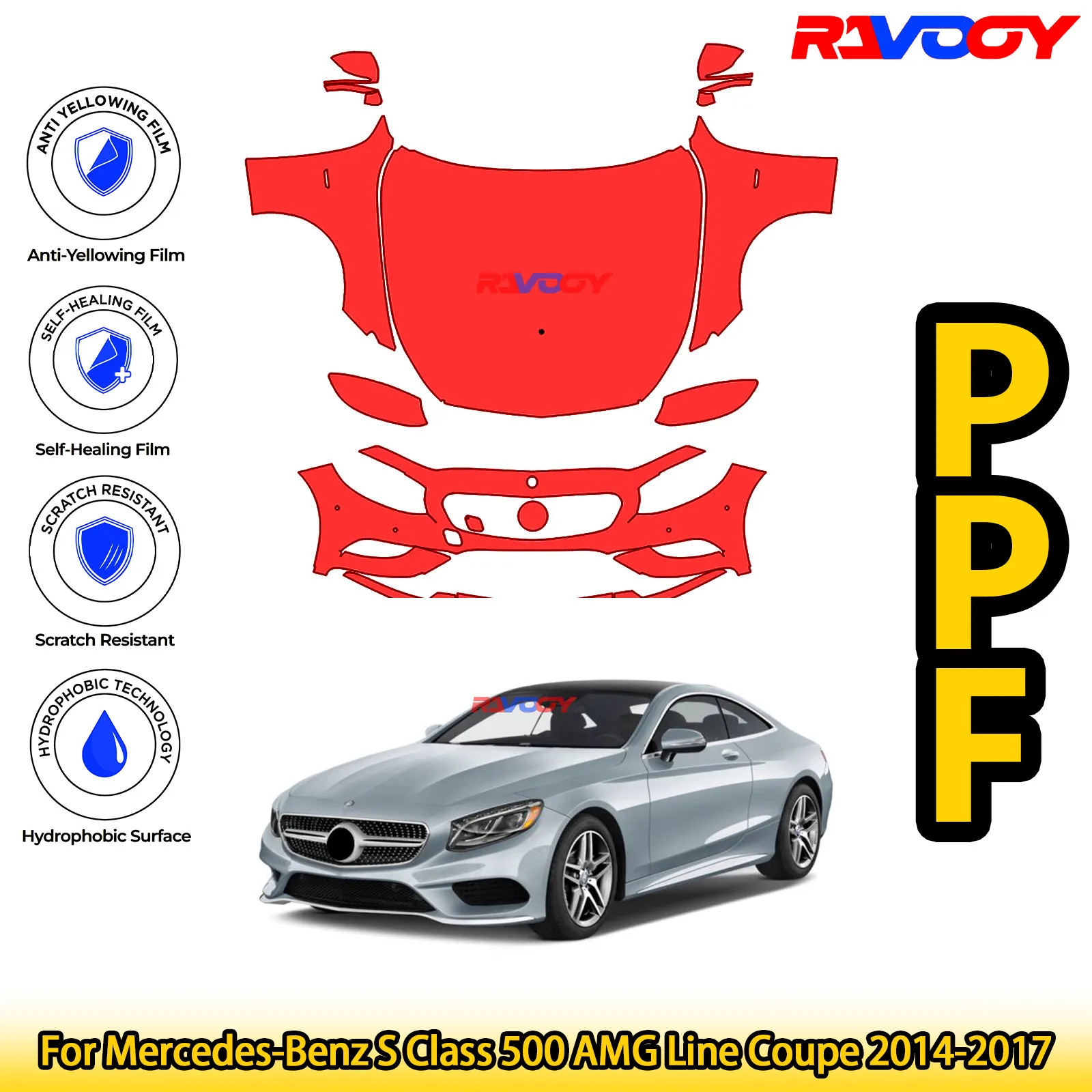 

For Mercedes-Benz S Class 500 AMG Line Coupe 2014-2017 Glossy Matte Black Precut front PPF Kit Paint Protection Film