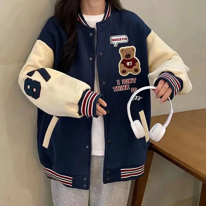 Bomber Jacket Women Korean Streetwear Fashion Oversized Coat Autumn Cute Baseball Loose Embroidery Female Trend Couple Outwear