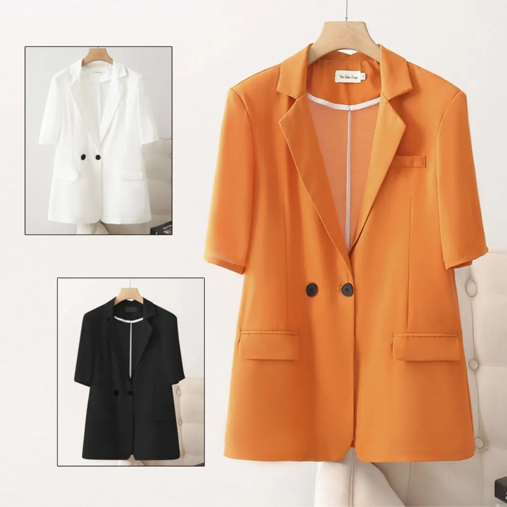 

Женский оранжевый пиджак большого размера с коротким рукавом, приталенный крой, повседневный летний модный пиджак для больших размеров, мм200 кг