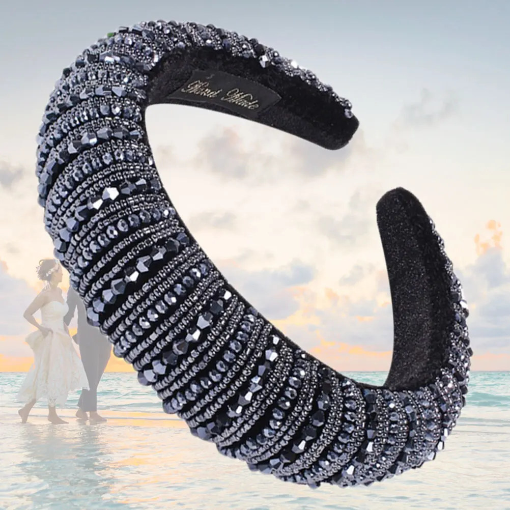 

Simulated Crystal Clasp Stylish Hair Hoops Beaded Headband For Women Girls Brides Wedding Banquet Party Dark Blue Glitter Hair