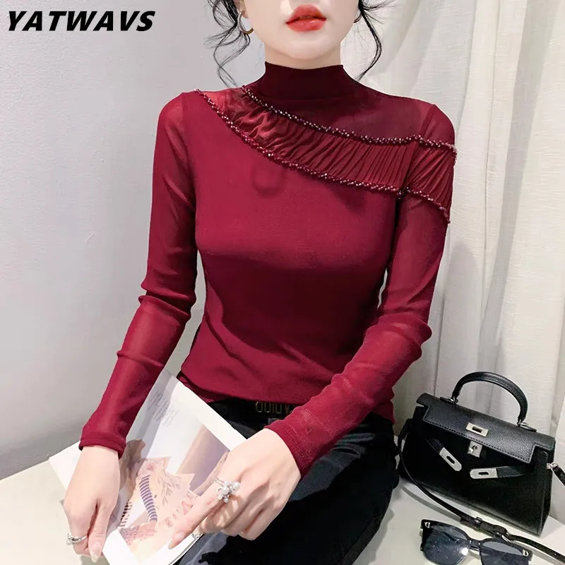

High Quality Spring Women New Fashion Stand Collar Classic Beading T-shirts Autumn Female Long Sleeve Casual Slim Mesh Tops Tees