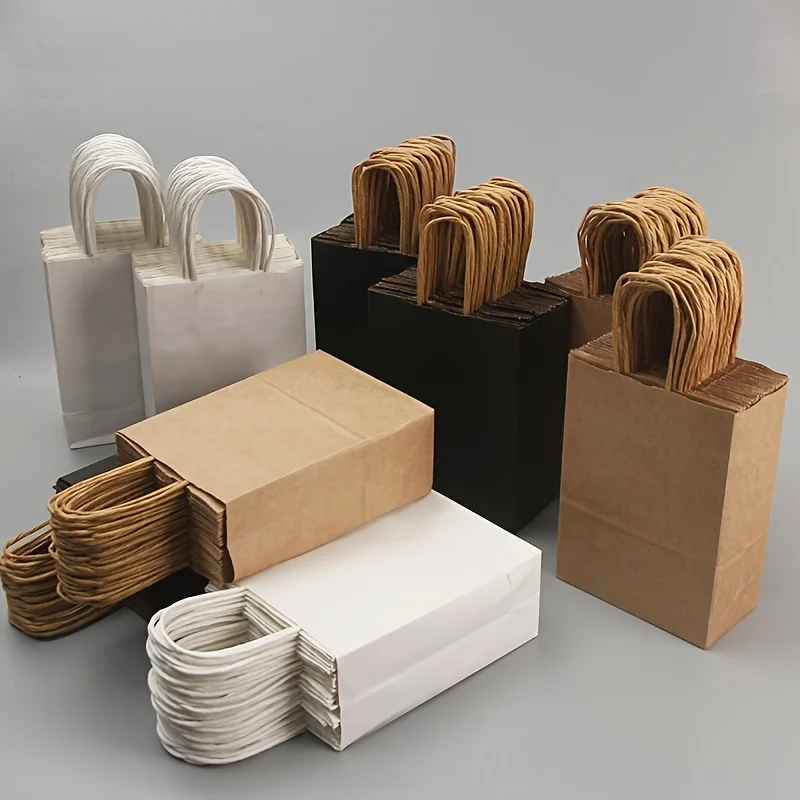 Image of Braune Kraftpapiertüten mit Griffen für Kleinunternehmen, Schmuckpräsentation und Verpackung - 365-Tage-Nutzung, Wiederverwendbare Einkaufstüten