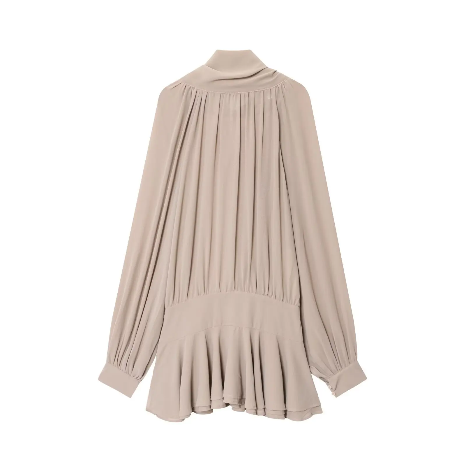 Herbst Frühling Damenmode Elegantes Büro-Bowknot-Kleid Lockerer Alltag Beige Chiffon-Hemdrock mit Rüschensaum