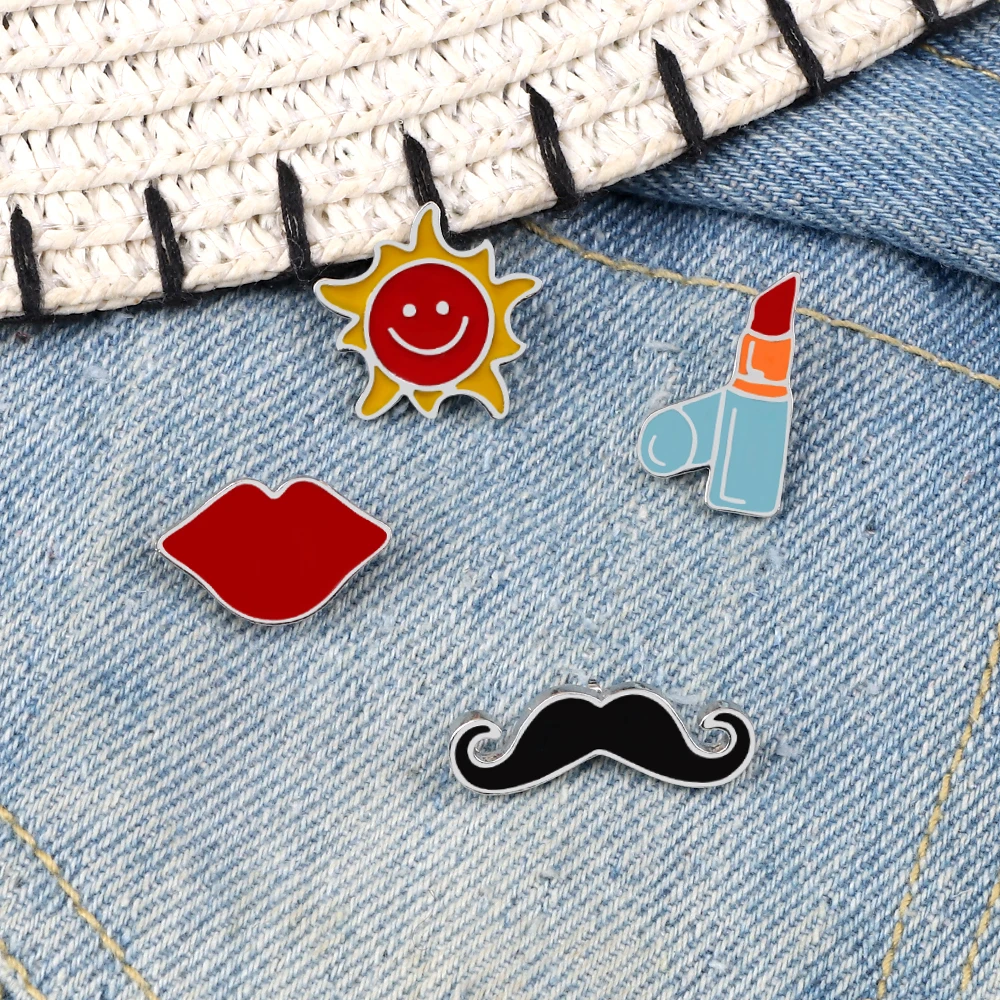 1pc cartoon Brooches Lapel Pin Badge Cute Lipstick Lips Pins Sun Beard icon Button Jackets Denim Jewelry Friends women Gift