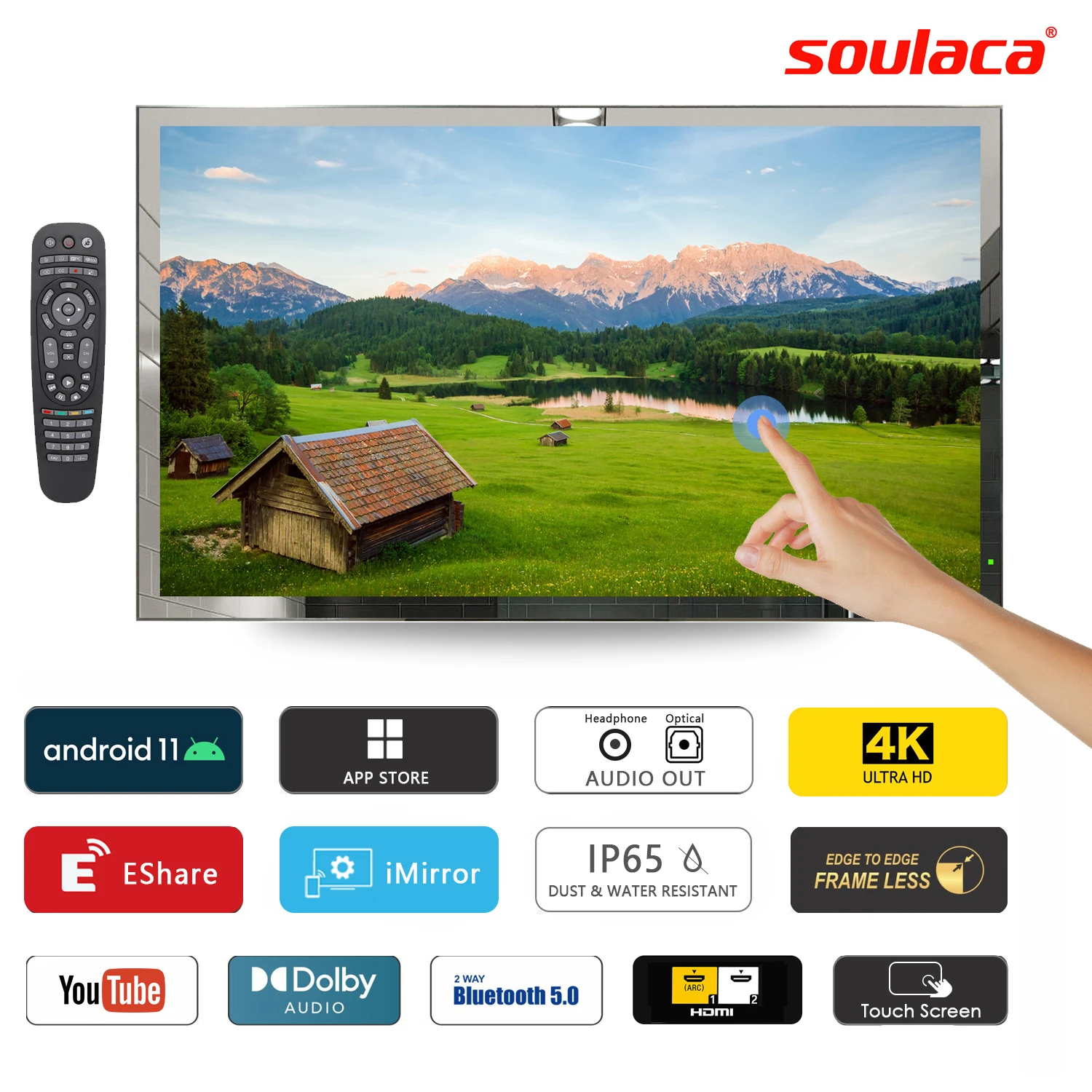 Soulaca 43 pulgadas inteligente Android11.0 espejo 4K LED TV pantalla táctil baño IP65 impermeable incorporado WiFi Bluetooth SPA para EE. UU./UE