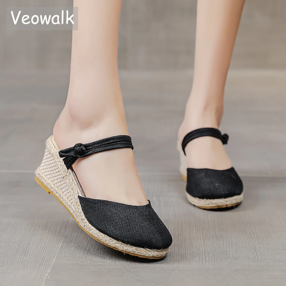 Veowalk-女性用の手作りのリネンウェッジシューズ,快適なカジュアルシューズ,女性用の6cmヒール 1