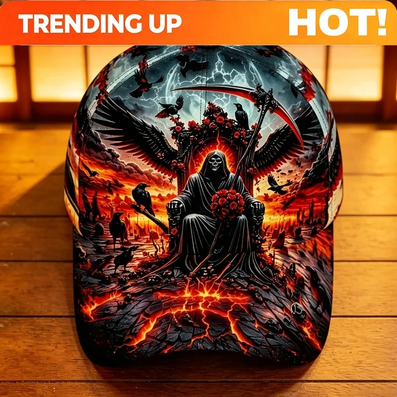 Custom Grim Reaper Throne Print Baseball Cap, For All-Over Print With Crows, Roses And Hellfire Motifs. Edgy And Eye-Catching