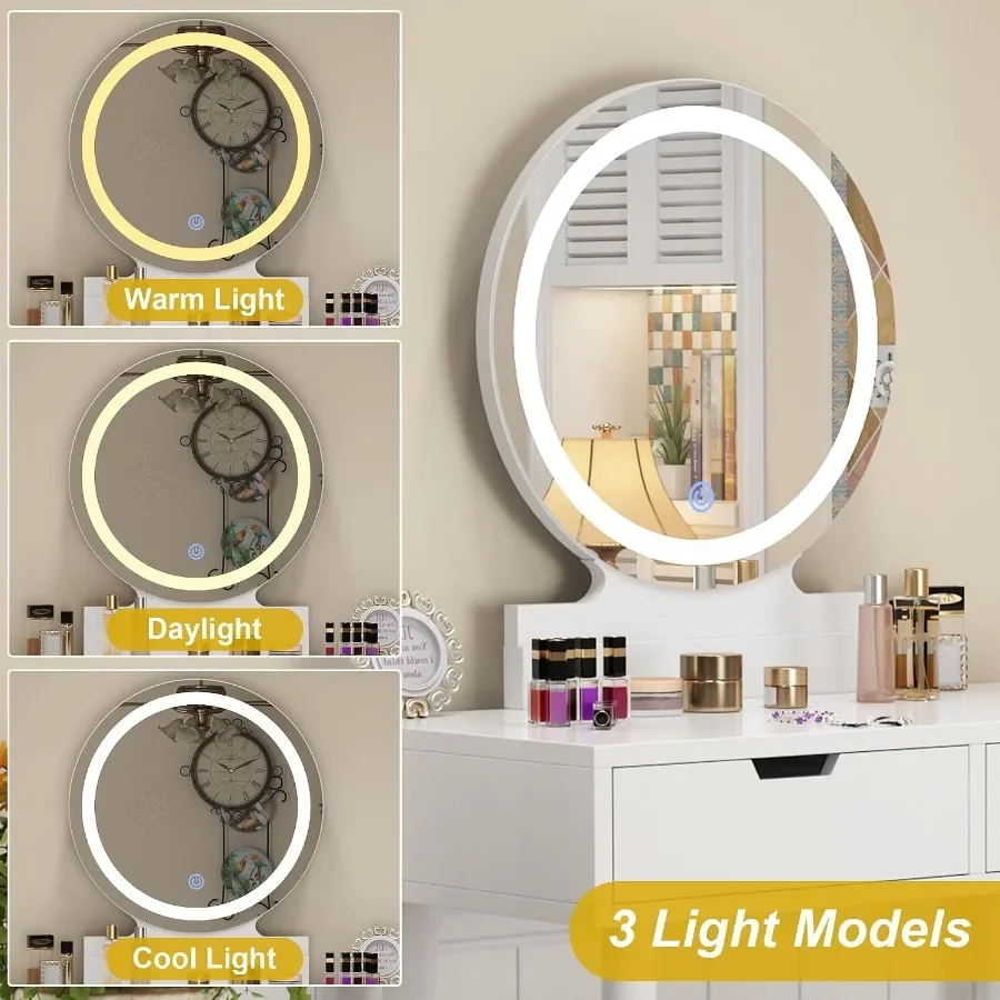 Makeup Vanity Desk Set with Touch-Control Lighted Mirror Cushioned Stool - 3-Color Dimmable Lighting - 2 Drawers Storage Dressi
