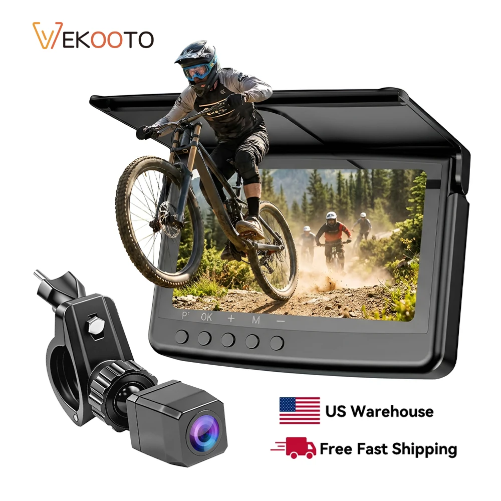 Cycling Safety Bike Rear View Camera 1080P 5" HD Display Built-in 5000mAh Battery Real-Time Road Monitoring Night Vision Waterproof Wide Angle Bicycle Backup Cam for MTB E-Bike Mountain Electric Road Bike Motorcycle Easy Install with Sunshade Flap Cover
